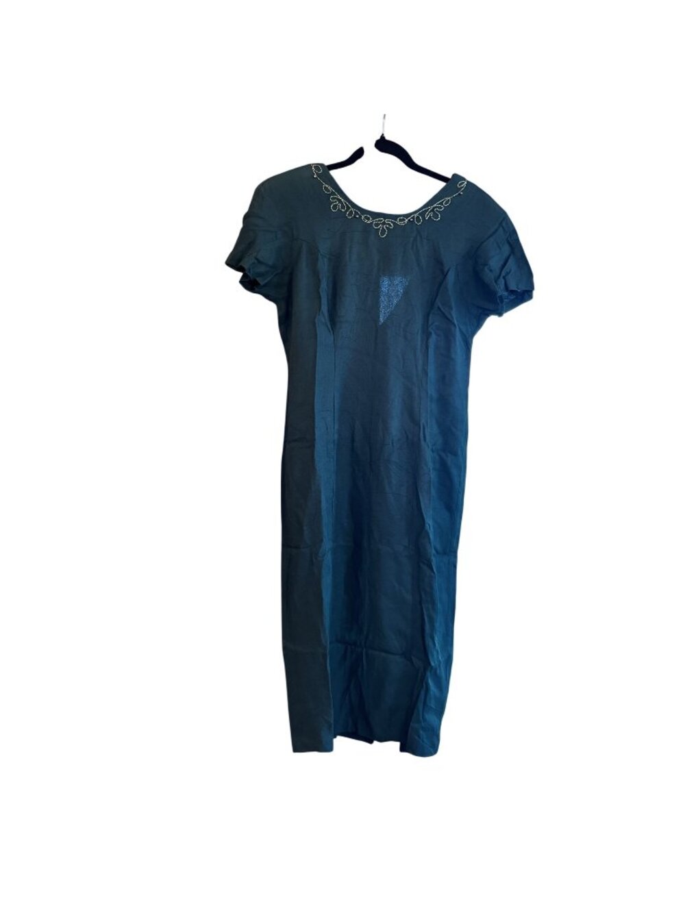 1980s CDC Petite Button-Down Short Sleeve Midi Dress Teal Embroidered Floral Acc